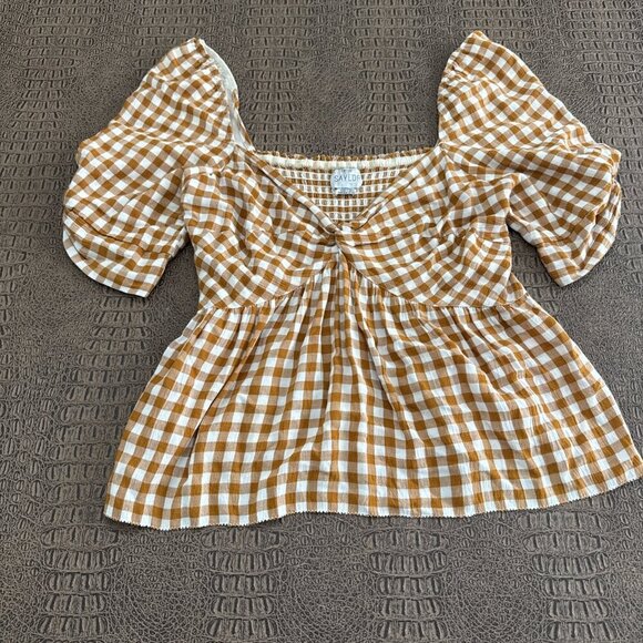 SAYLOR Glenny Gingham Puff Sleeve Top Orange White Size L - Picture 3 of 10